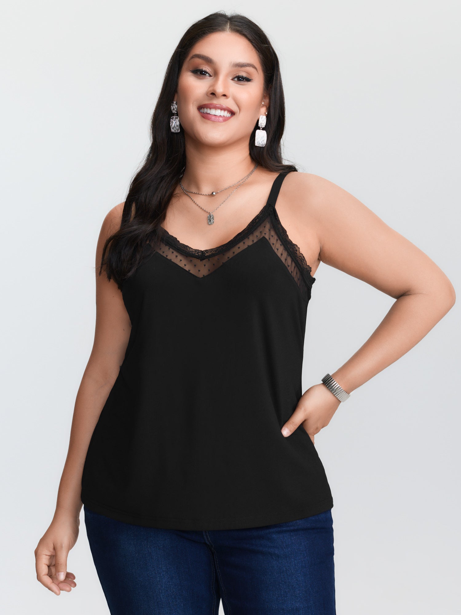 Cami Top Lace - بلوزة كاميسول سوداء محبوكة بمقاسات كبيرة،